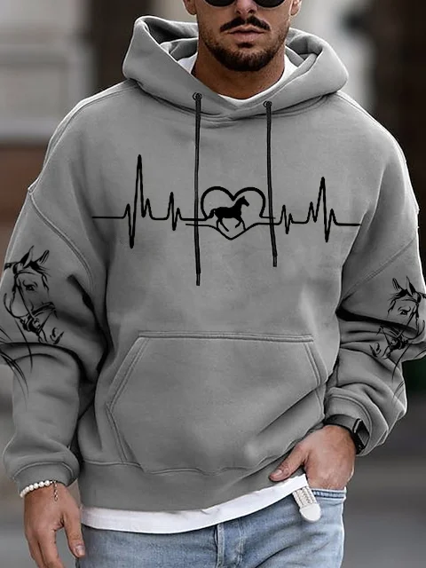 Men's Galloping Horse Heartbeat Graphic Print Hooded Sweatshirt