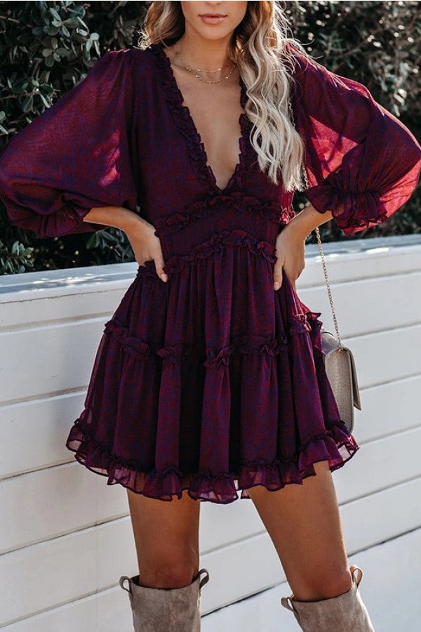 Deep V-Neck Backless Ruffled Mini Dress - BlackFridayBuys