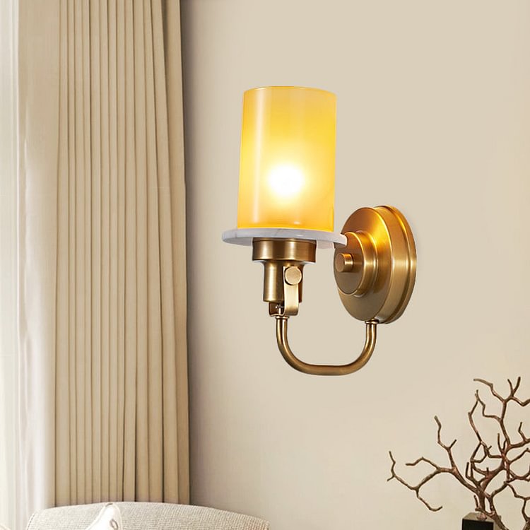 Colonial Style Cylinder Wall Mount Lighting 1 Head Yellow Glass Wall Sconce in Brass