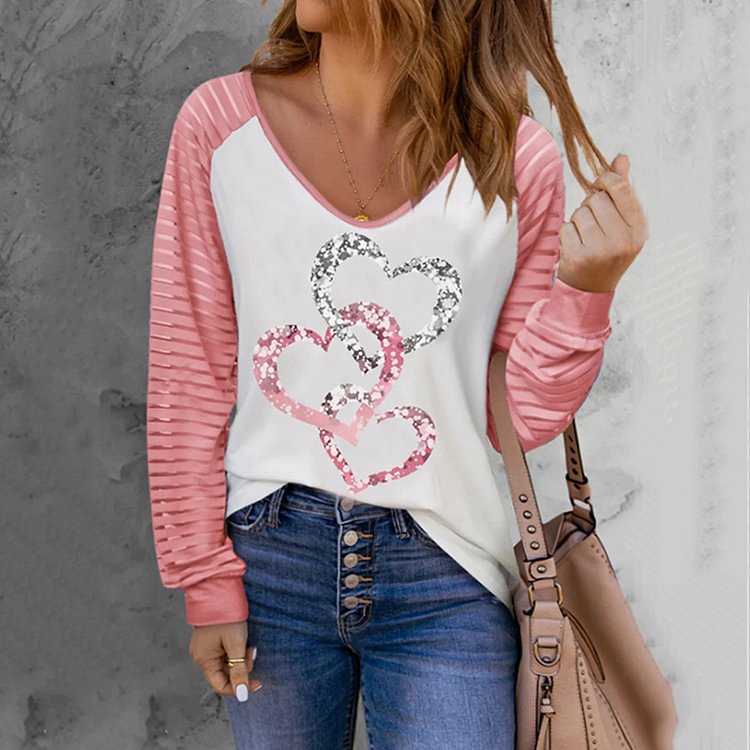 Vefave Heart Print Patchwork Mesh V-Neck Long Sleeve T-Shirt