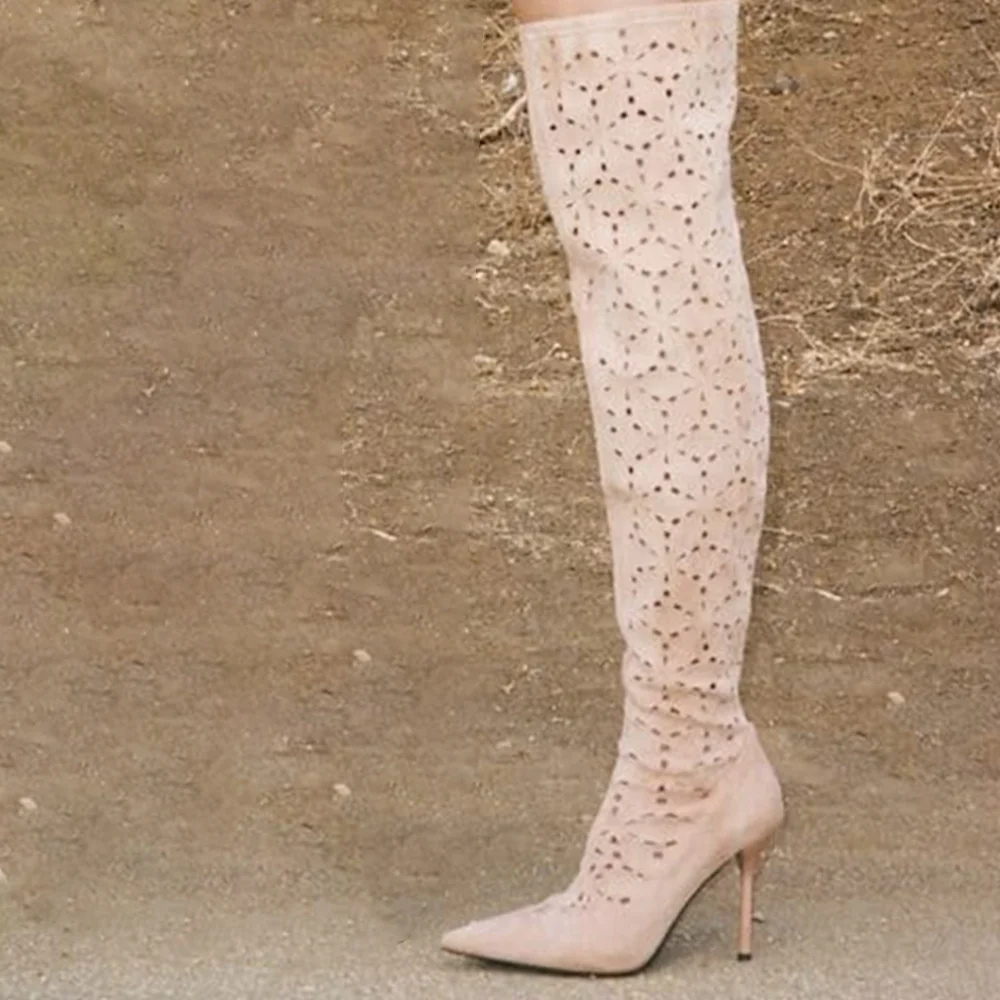 Full Nude Hollow Out Over the Knee Boots Suede Stiletto Heels For Women Nicepairs