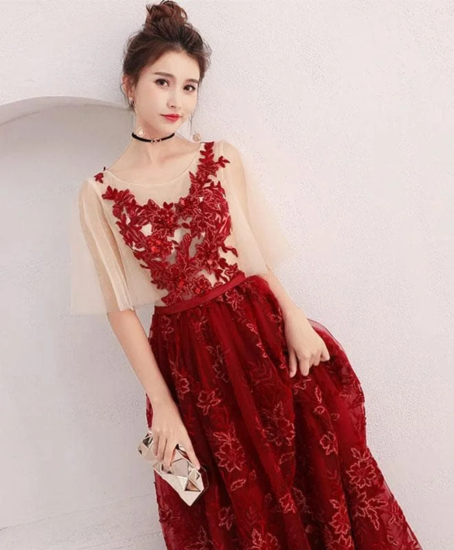 Burgundy Lace Long Prom Dress