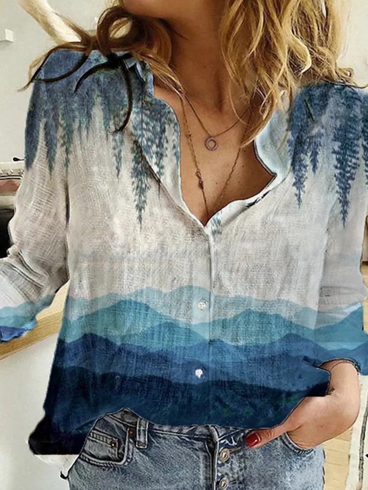 Mountain Art Painting Series Printed Casual Blouse