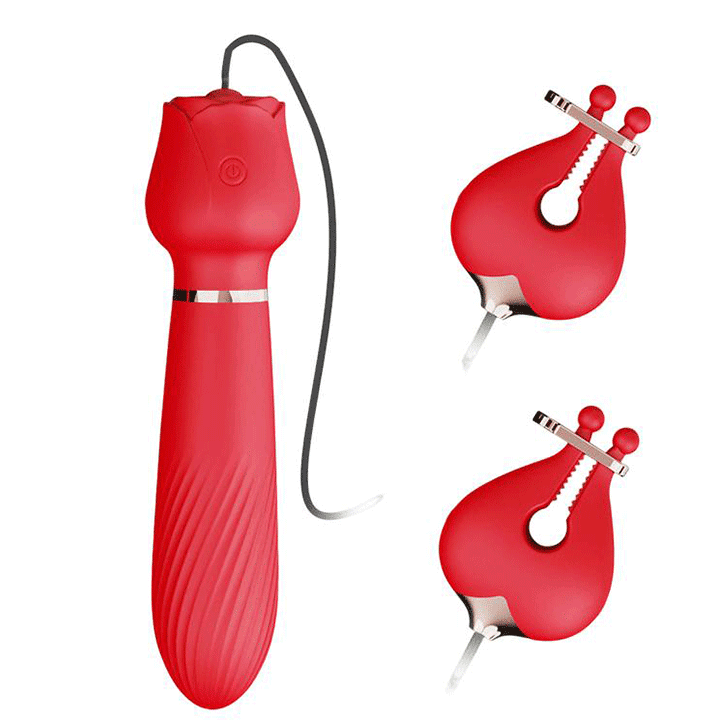 2-in-1 Rose Vibration Breast Clips With Massage Stick One Key Control - Rose Toy
