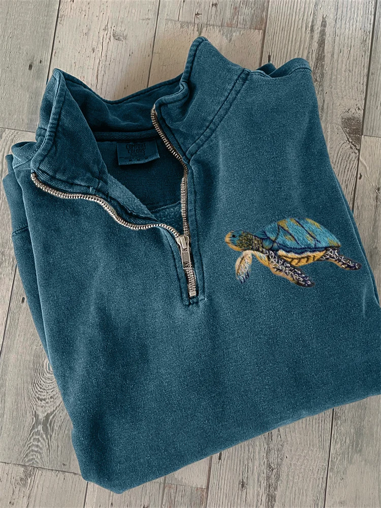 VChics Lovely Sea Turtle Embroidery Art Zip Up Sweatshirt
