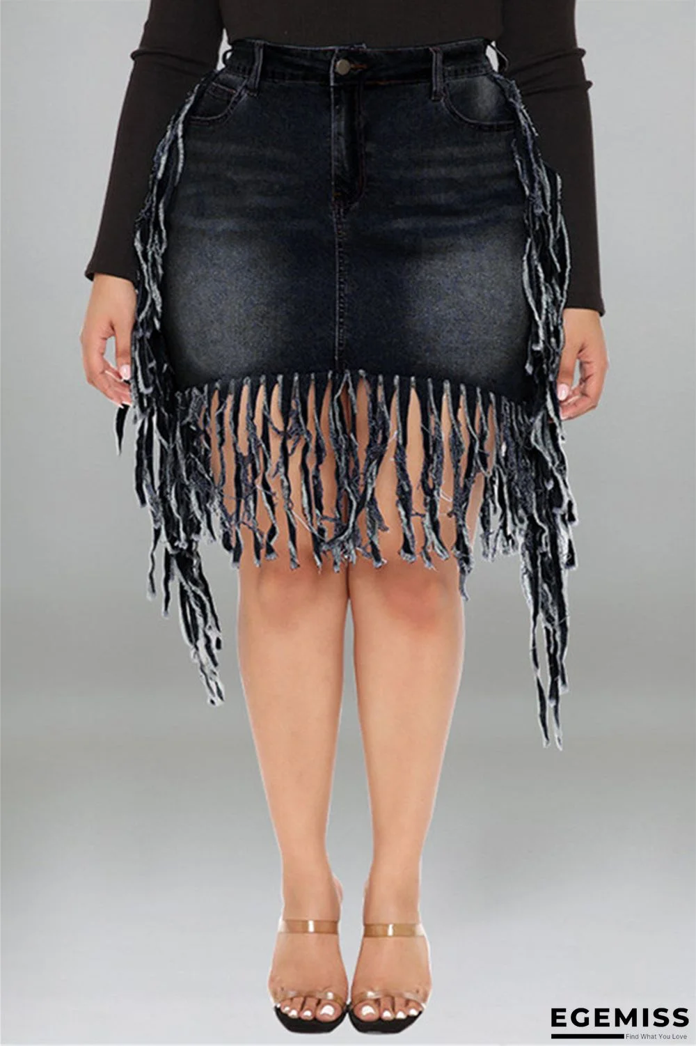 Black Fashion Casual Solid Tassel Plus Size Denim Skirt | EGEMISS