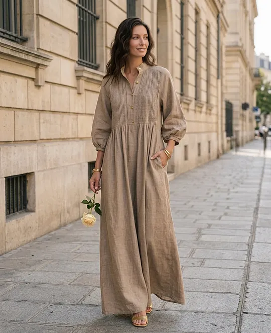 Women's Casual Long-sleeved Maxi Dress In Khaki Cotton-linen Blend MD