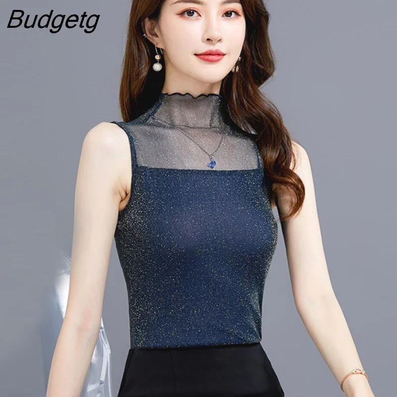 Budgetg Lurex Lace Transparent Mesh Casual Summer Women Tank Tops 2022 Solid Color Sleeveless Shirt Camisole Female Slim Black