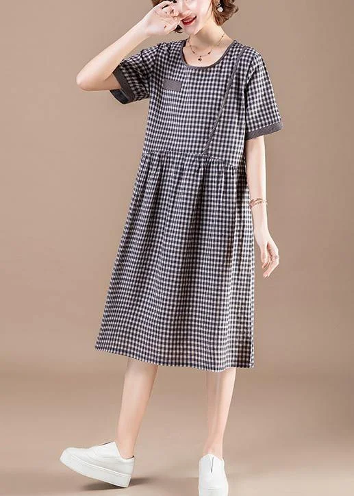 DIY patchwork pockets Cotton quilting dresses stylish Shape blue Plaid baggy Dress Summer