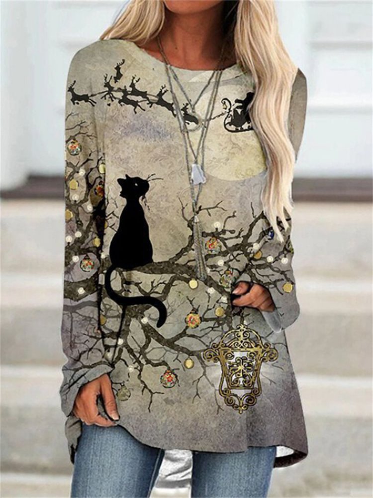 Cute Cat Print Long sleeve Round Neck Blouse