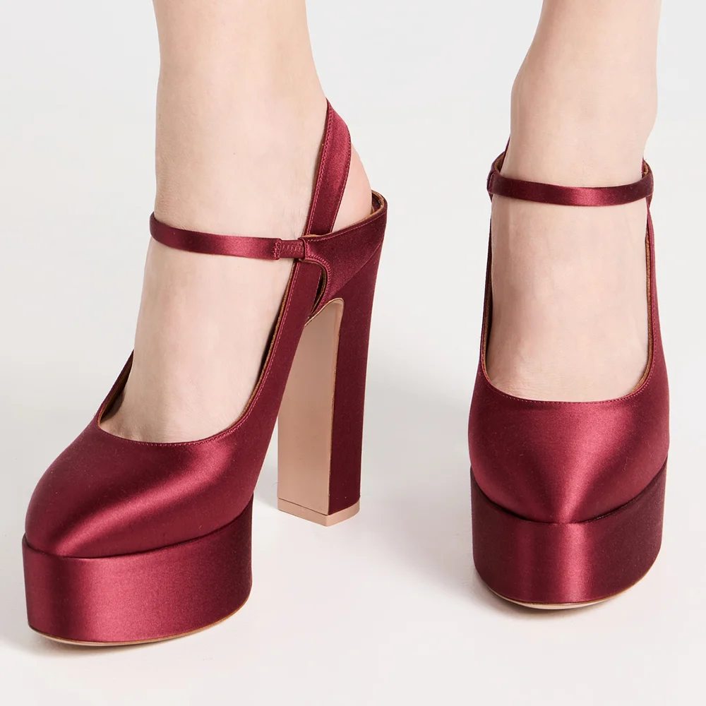 Maroon Satin Closed Pointed Toe Slingback Strappy Platform Pumps With Chunky Heels Nicepairs