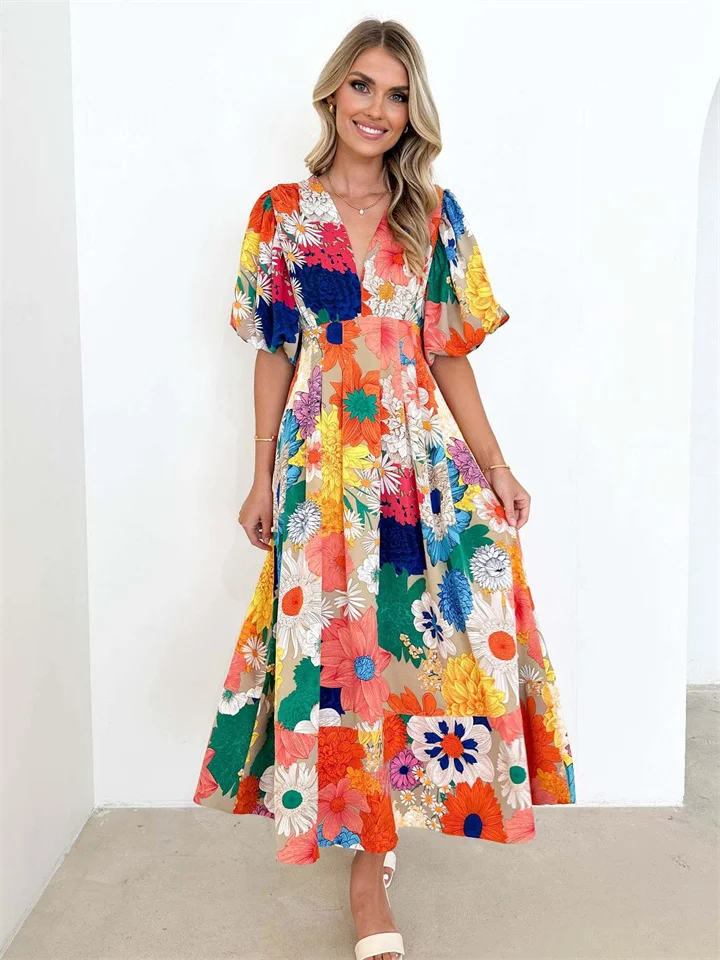 Women's Summer New Floral Print Bubble Sleeve A-line Dress Temperament Dress Printing Dresses-JRSEE