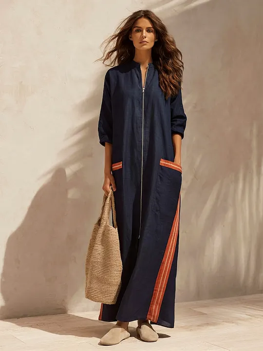 Women's Stand-Collar Half-Zip Cotton-Linen Maxi Dress With Contrast Stripes MD