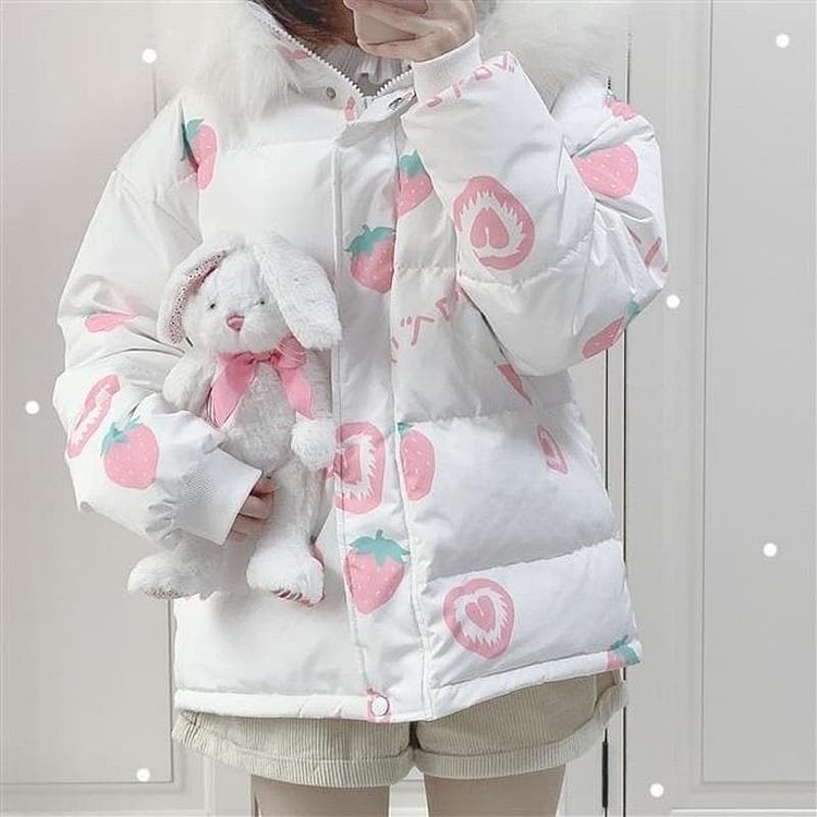 Pink Cartoon Thick Warm Strawberry Print Hooded Coat SP15378
