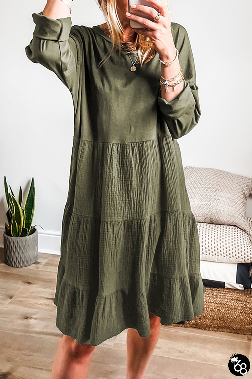 Moss Green Long Sleeve Tiered Crinkled Patchwork Mini Dress | 168DEAL