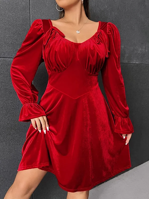 Pleated Solid Color Tied Velvet A-Line Flared Sleeves Round-Neck Mini Dresses