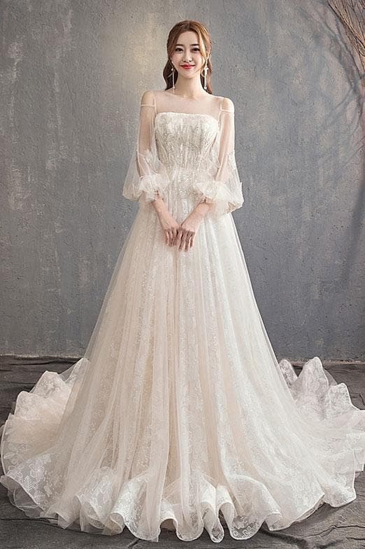 Unique Tulle Lace Long Wedding Dress, Tulle Lace Bridal Dress