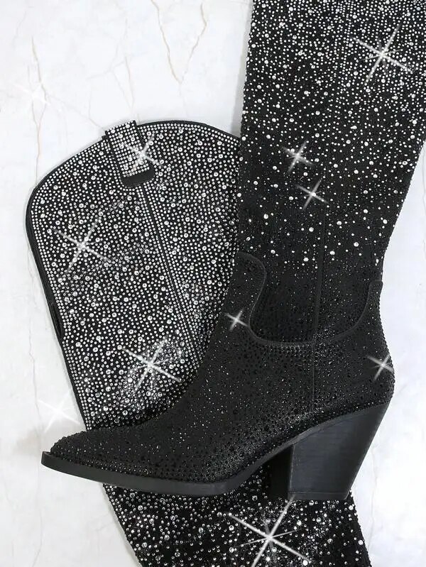 VCSHOES Crystal Cowboy Boots For Women Knee High Midium Chunky Heel Pointed Toe Retro Classic Western Cowgirl Boots 44