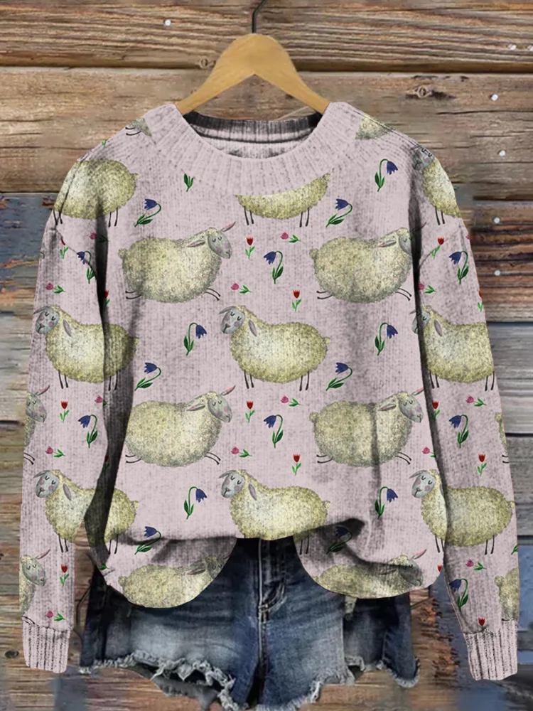 Cute Sheepy Sheep Pattern Vintage Cozy Knit Sweater