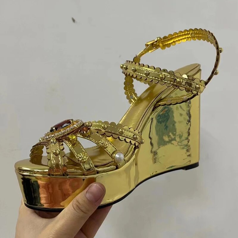 Gold Rhinestone Sandals Woman Open Toe Silver Slingback Platform Wedges High Heels Lady Wedding Shoes