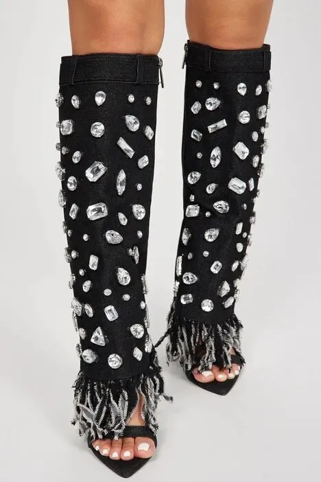 VCSHOES Gladiator Crystal Shoes Long Denim Boots For Women Footwear Female Rhinestones Knee High Boots Ladies Heels Pumps Shoes