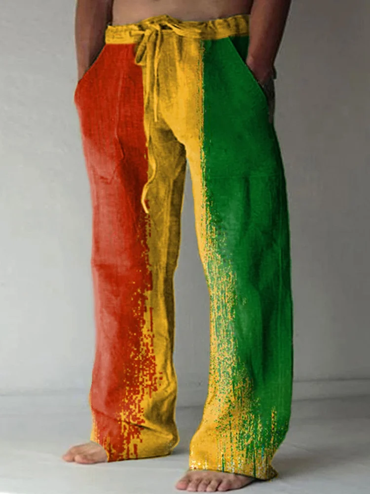 Reggae Print Linen Blend Casual Pants