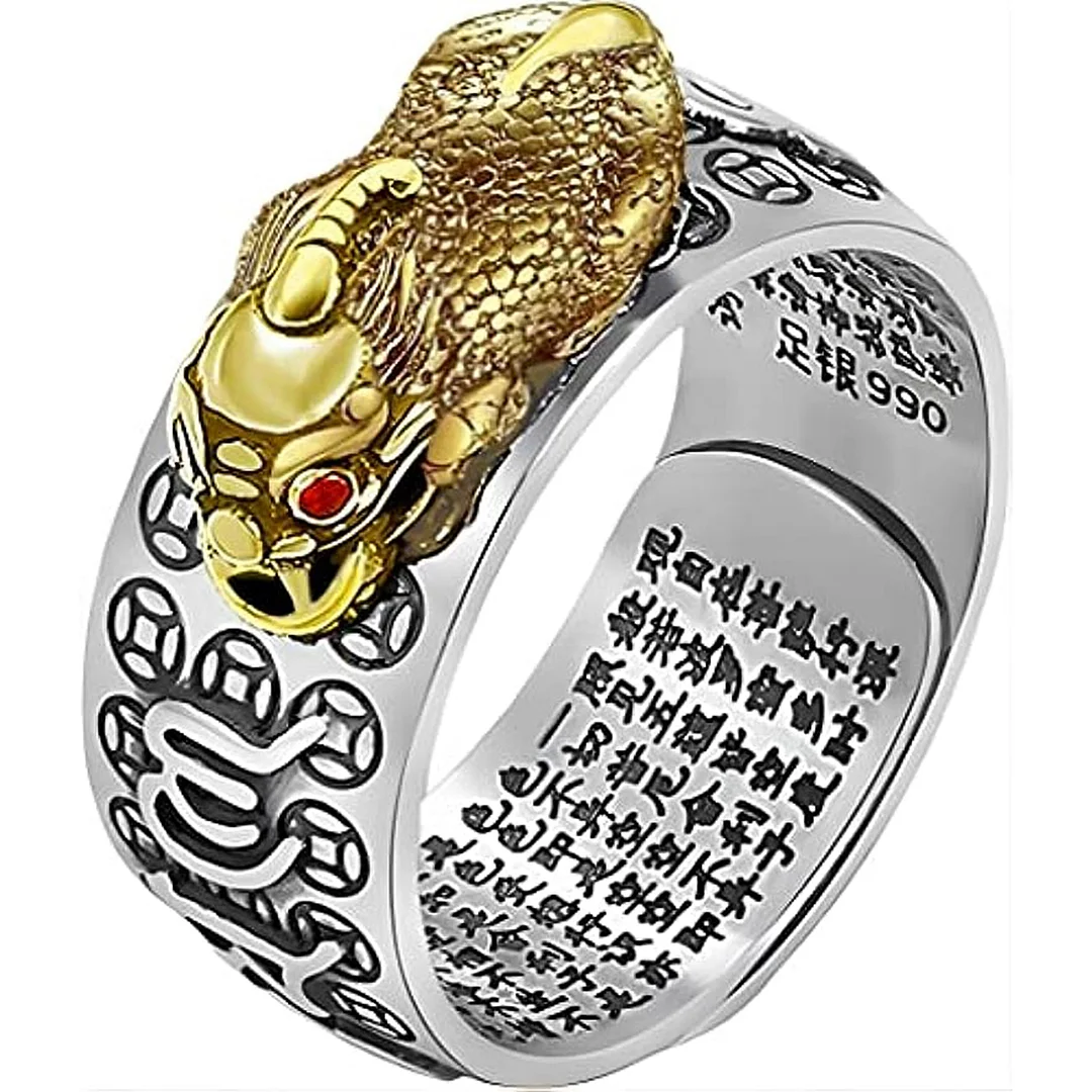 JAJAFOOK Sterling Silver Feng Shui Pixiu Mantra Ring Buddhist Good Luck Amulet Lucky Fortune Opening Adjustable Ring