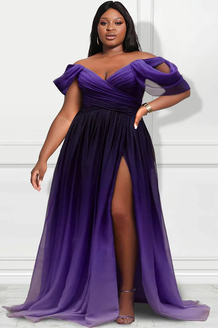 Plus Size Formal Dress Purple Off The Shoulder High Split Chiffon Maxi Dress [Pre-Order]