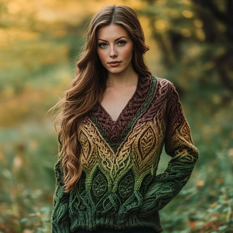 Women's Intricate Celtic Knot Leaf Jacquard V Neck Sweater