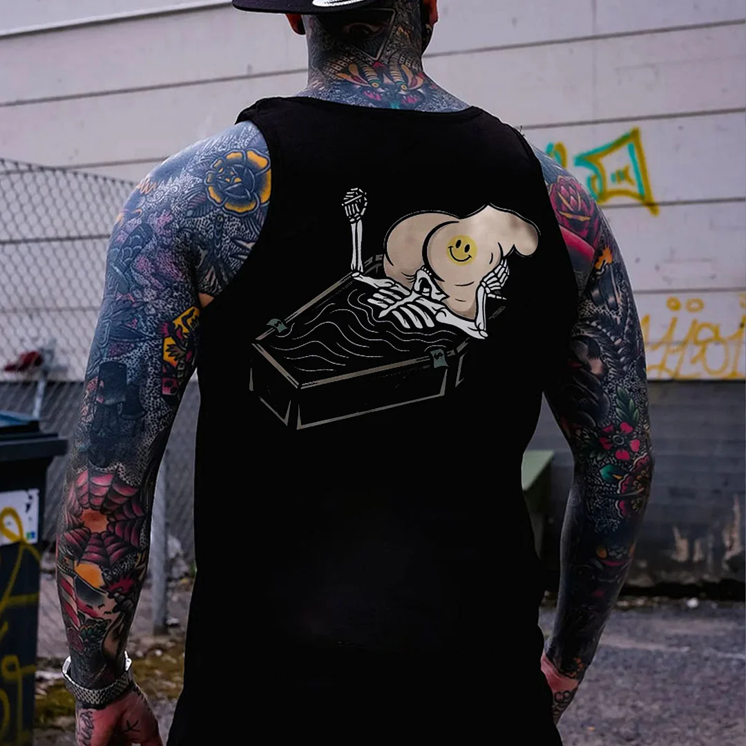 Skull Eat the Naked Ass in the Coffin Black Print Vest
