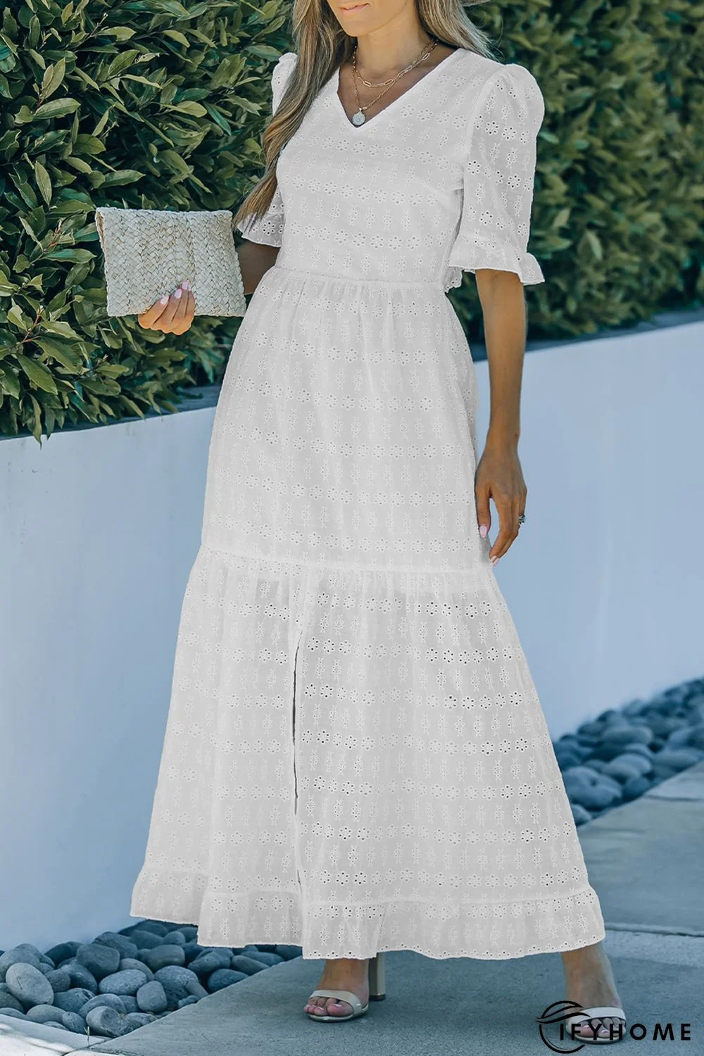 White Lace Crochet Open Back Ruffled High Waist Maxi Dress | IFYHOME
