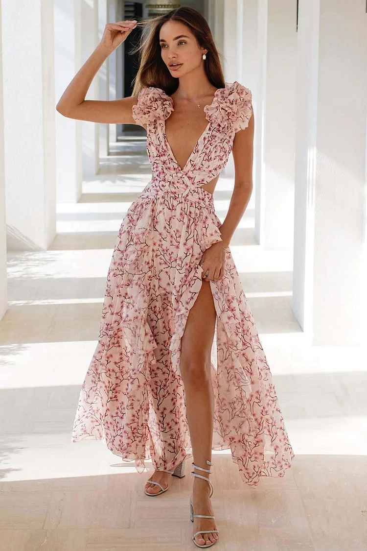 Deep V Neck Slim Ruffled Shoulder Backless Tied Up Cutout Floral Print Vacation Maxi Dresses