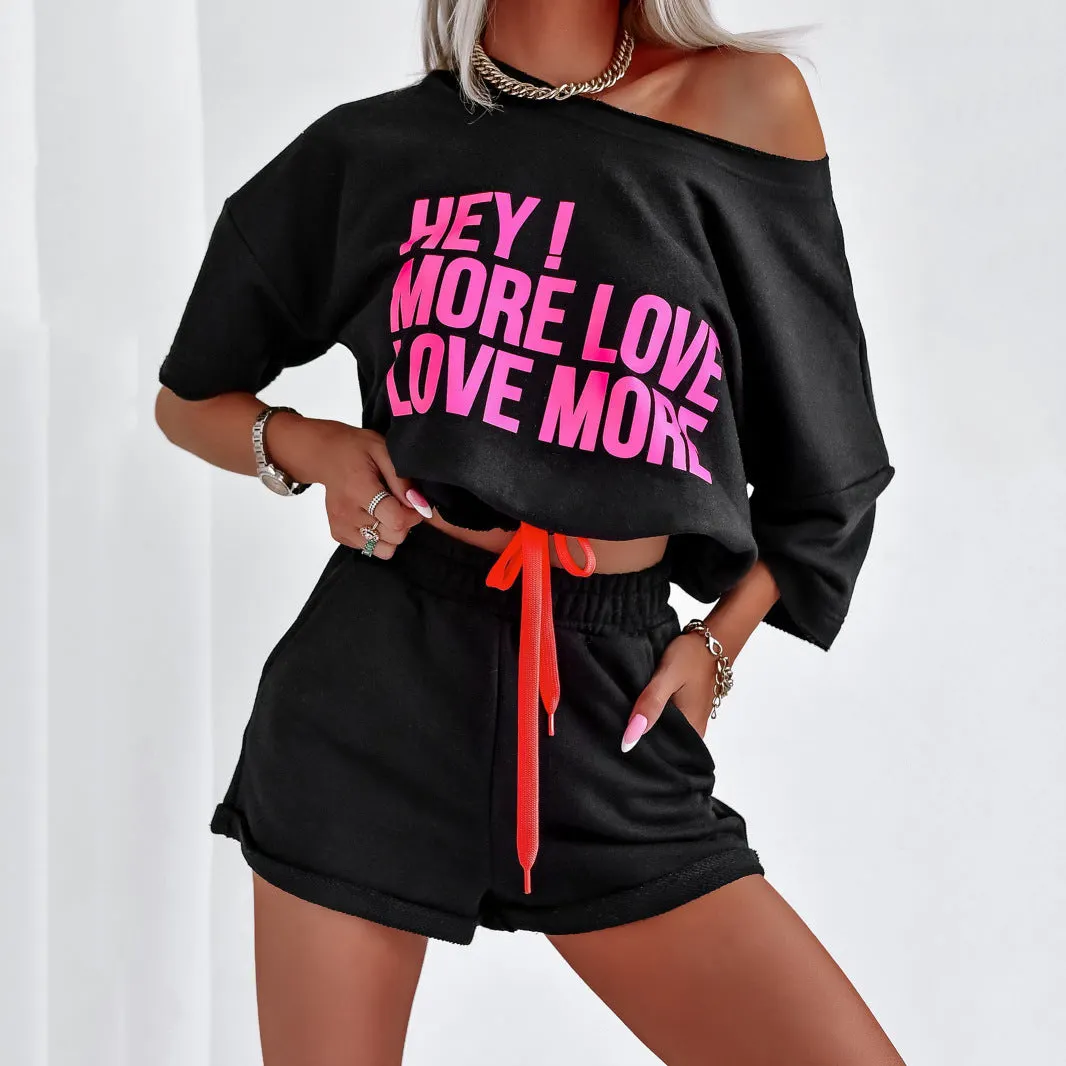 Black Crew Neck T-shirt And High-waisted Drawstring Shorts Suit