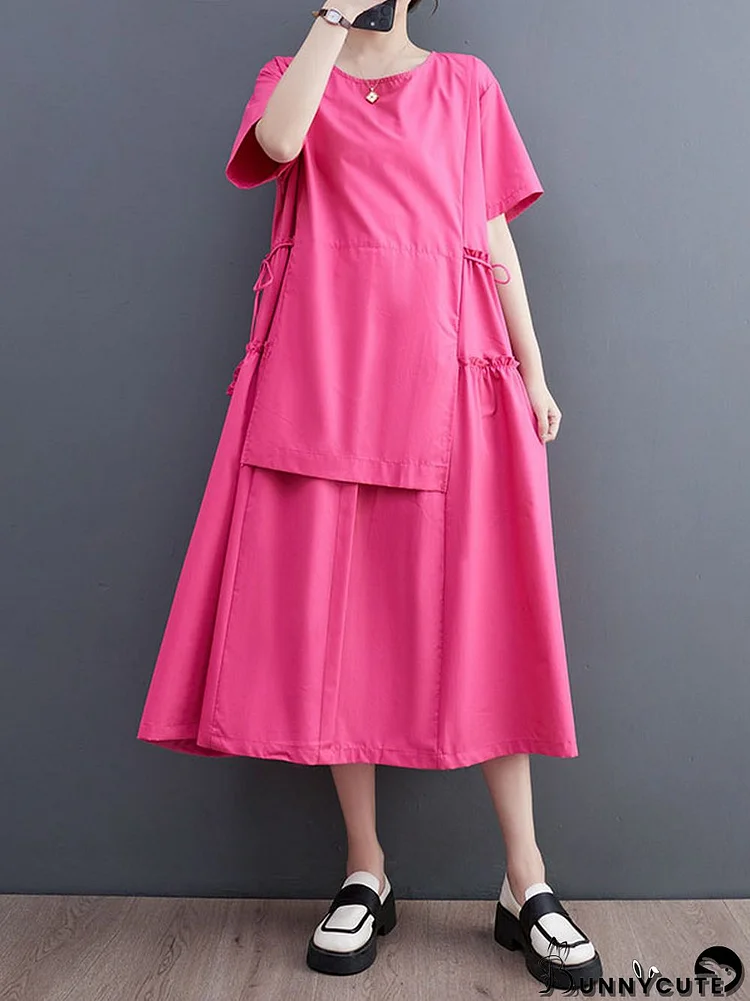 Loose Short Sleeves Solid Color Split-Joint Round-Neck Midi Dresses