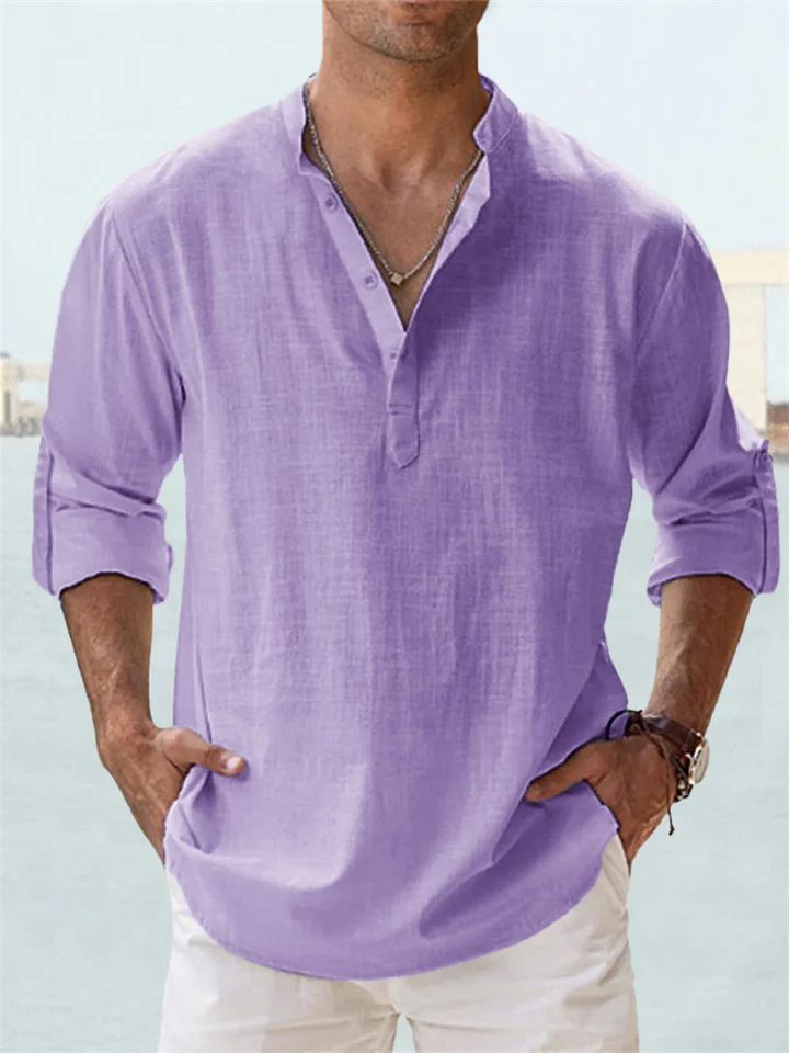 Men's Shirt Linen Shirt Summer Shirt Beach Shirt White Pink Blue Long Sleeve Plain Stand Collar Spring & Summer Hawaiian Holiday Clothing Apparel Basic-JRSEE