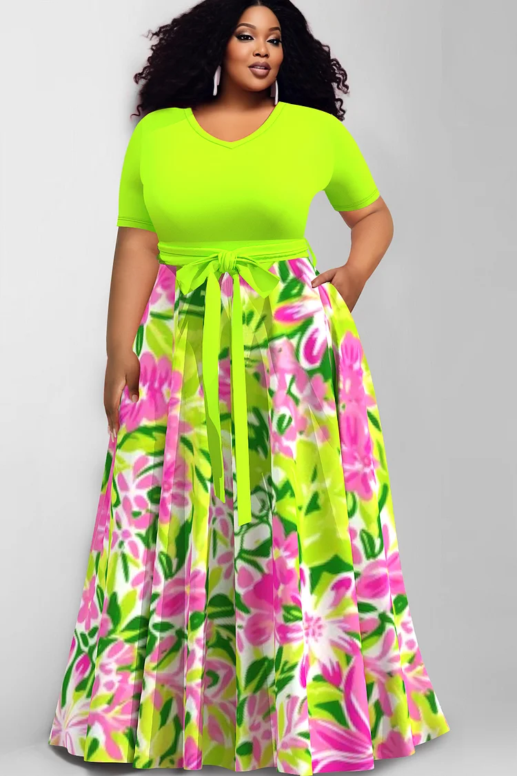 Xpluswear Design Plus Size Casual Fluorescent Neon Green Floral Print Lace Up Pockets Maxi Dresses [Pre-Order]