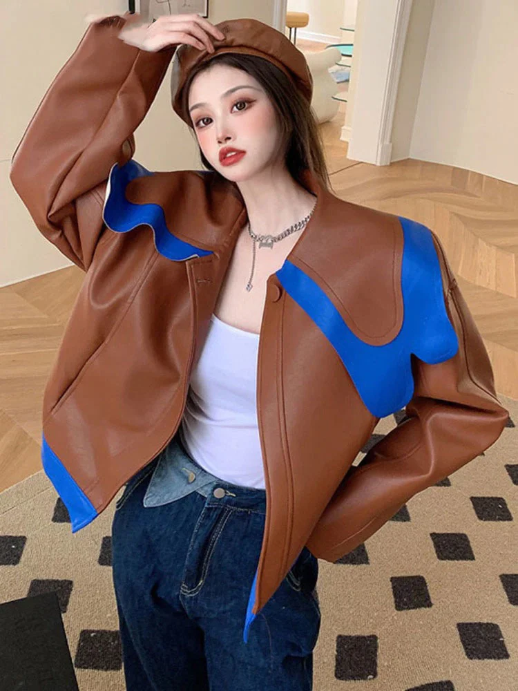 Design Loose Contrast Color Big Lapel Long Sleeve Leather Jacket 