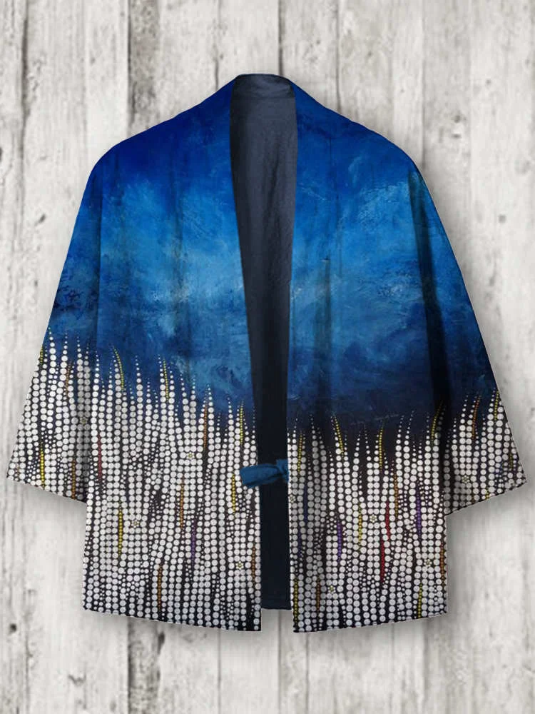 Comstylish Ocean Seaweed Art Pattern Linen Blend Kimono Cardigan