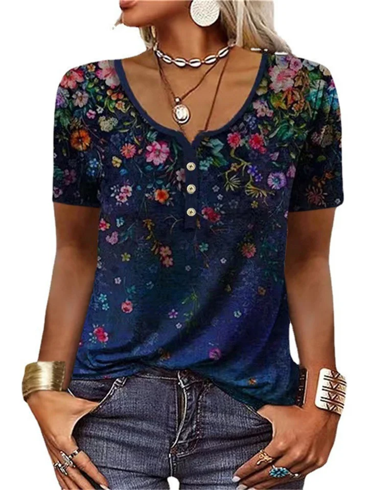 Women's Spring and Summer New Women's Short-sleeved Printing Ethnic Fashion Printing Short-sleeved T-shirt-Cosfine