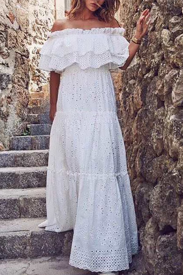White Off-the-shoulder Ruffled Lace Dress - Life is Beautiful for You - SheChoic