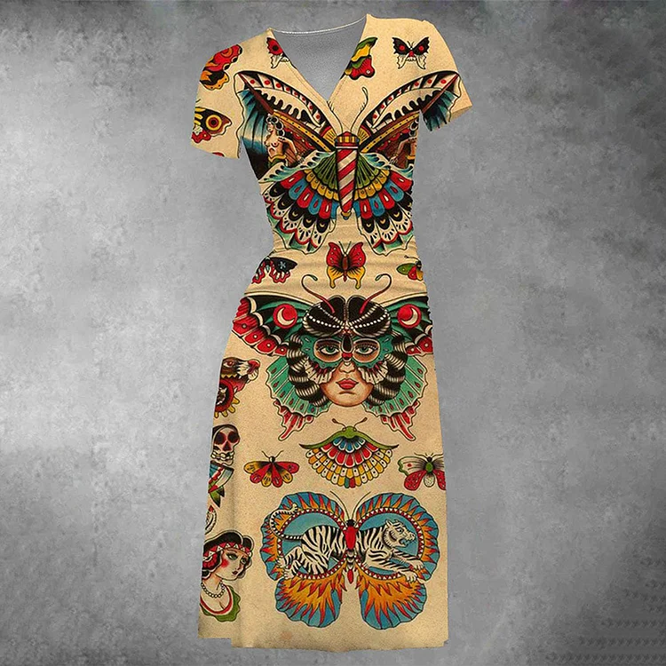 Vintage Butterfly Print Midi Dress