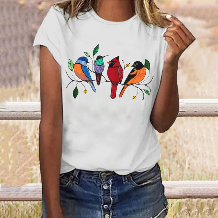 Bird Print Round Neck Short Sleeve Top