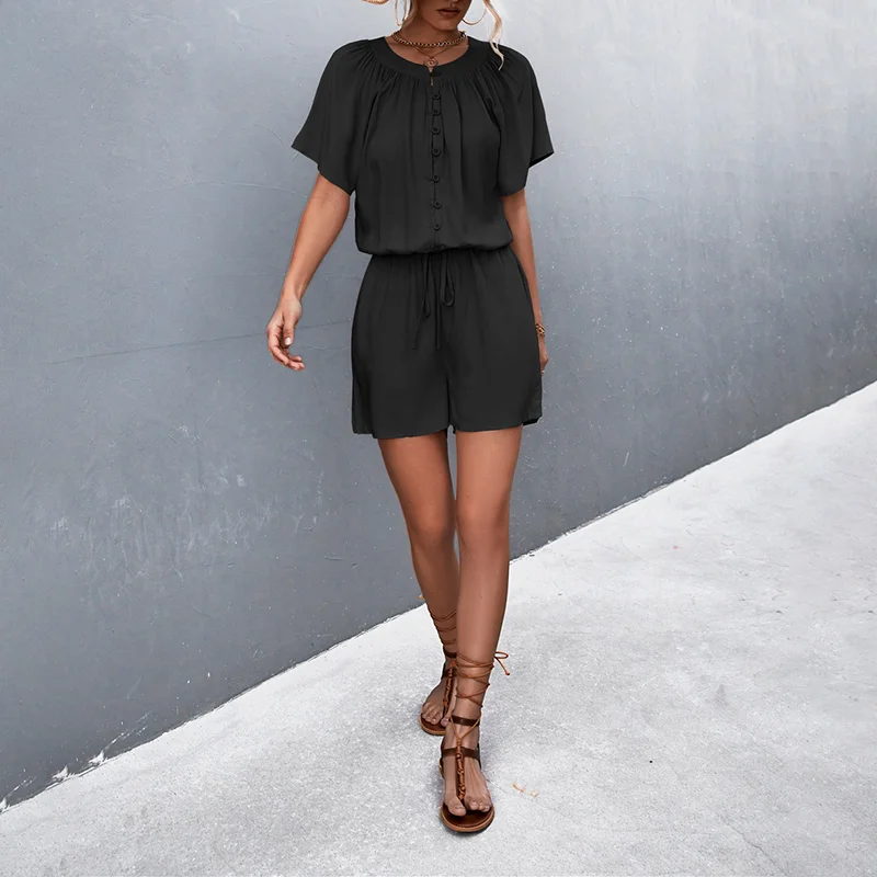 Solid Pleated Lace-Up Button Jumpsuit
