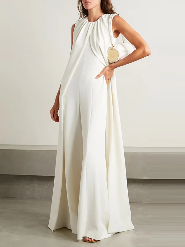 Sleeveless Wide Leg Ruffled Pure Color Round-Neck Jumpsuits
