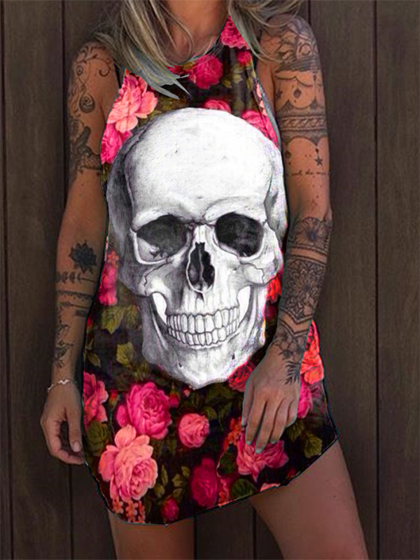 Punk skull flower print sleeveless dress