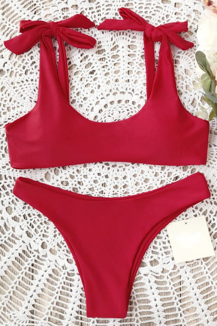 Red Scoop Tie Shoulder High Cut Cheeky Sexy Bikini Bathing Suit - Shop Trendy Women's Clothing | LoverChic