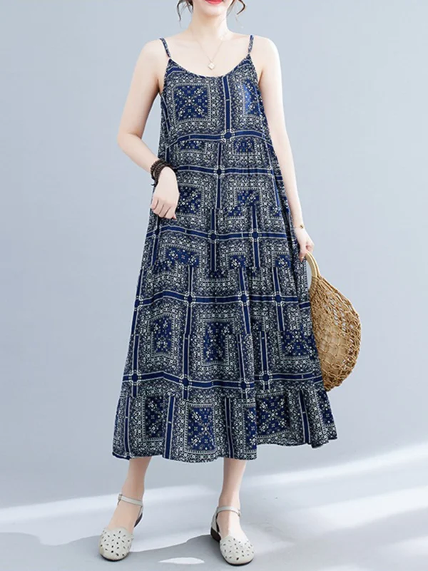 Roomy Oversize Stamped Split-Joint Spaghetti-Neck Midi Dresses