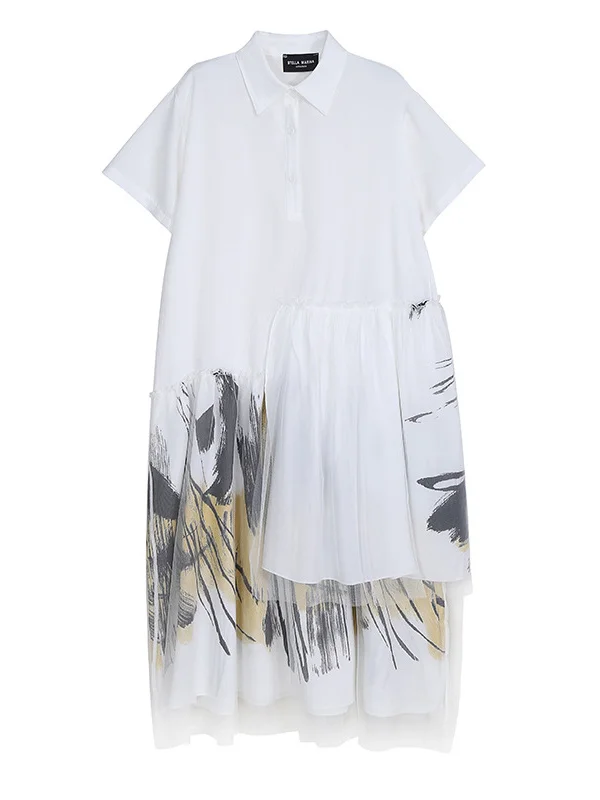 Asymmetric Stamped Mesh Splicing Short Sleeve Shirt Dress