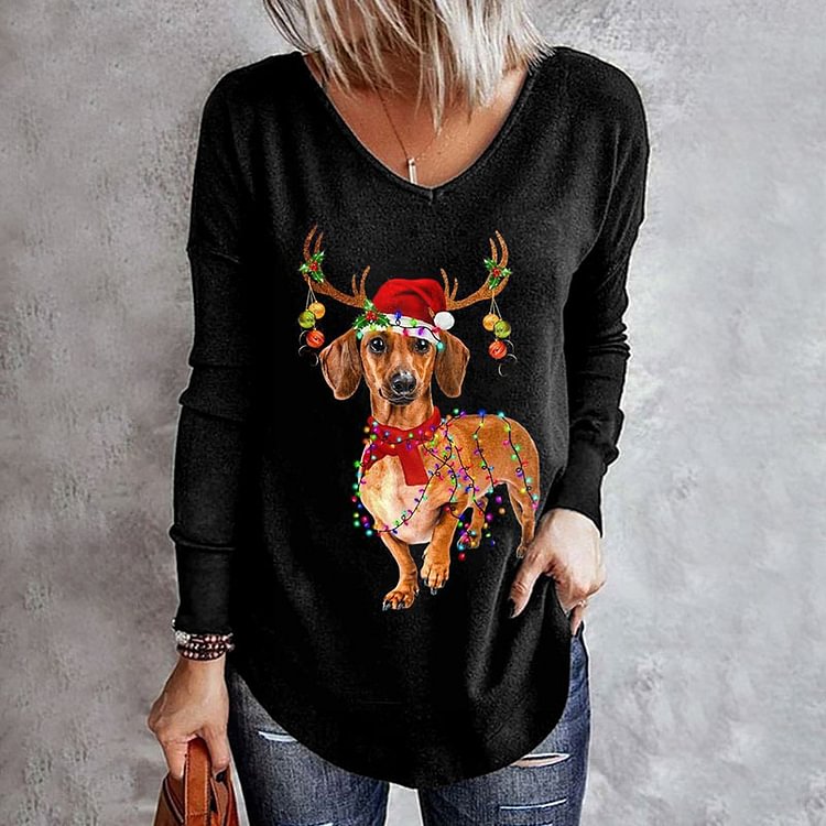 Comstylish Christmas Lights Dog Print T-Shirt