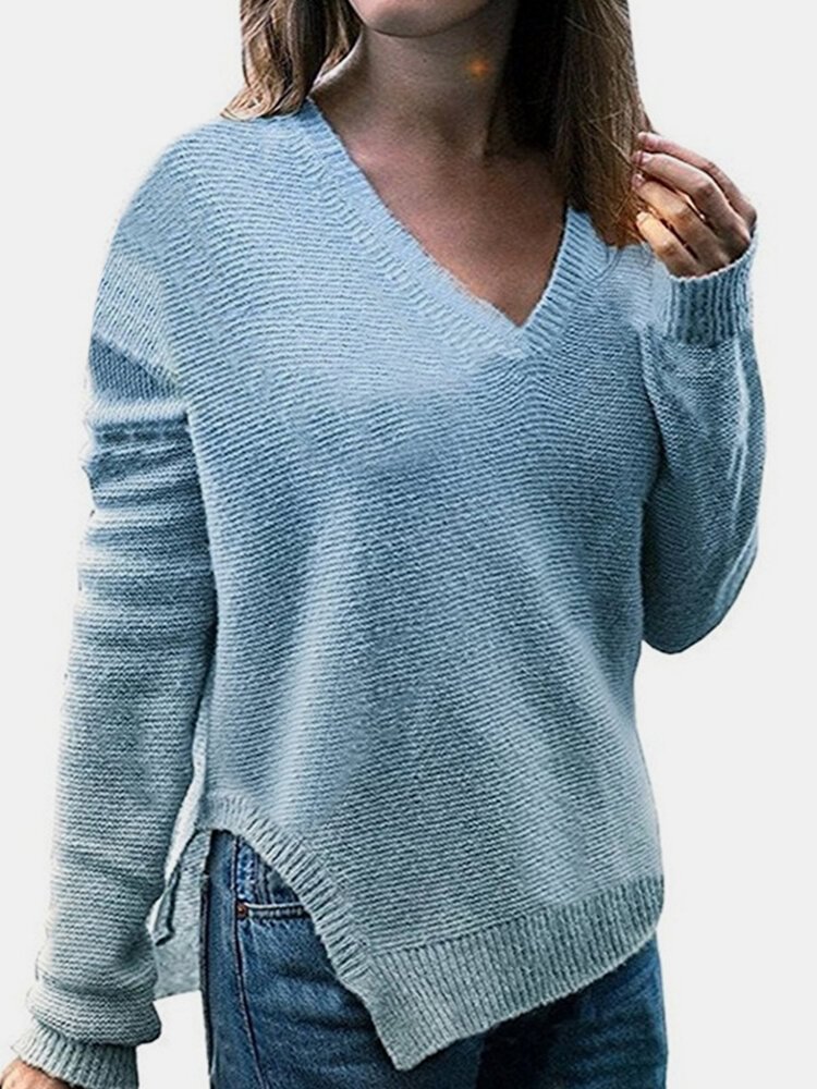 Solid Color Long Sleeve V-neck Split Sweater For Women - Shop Trendy Women's Clothing | LoverChic
